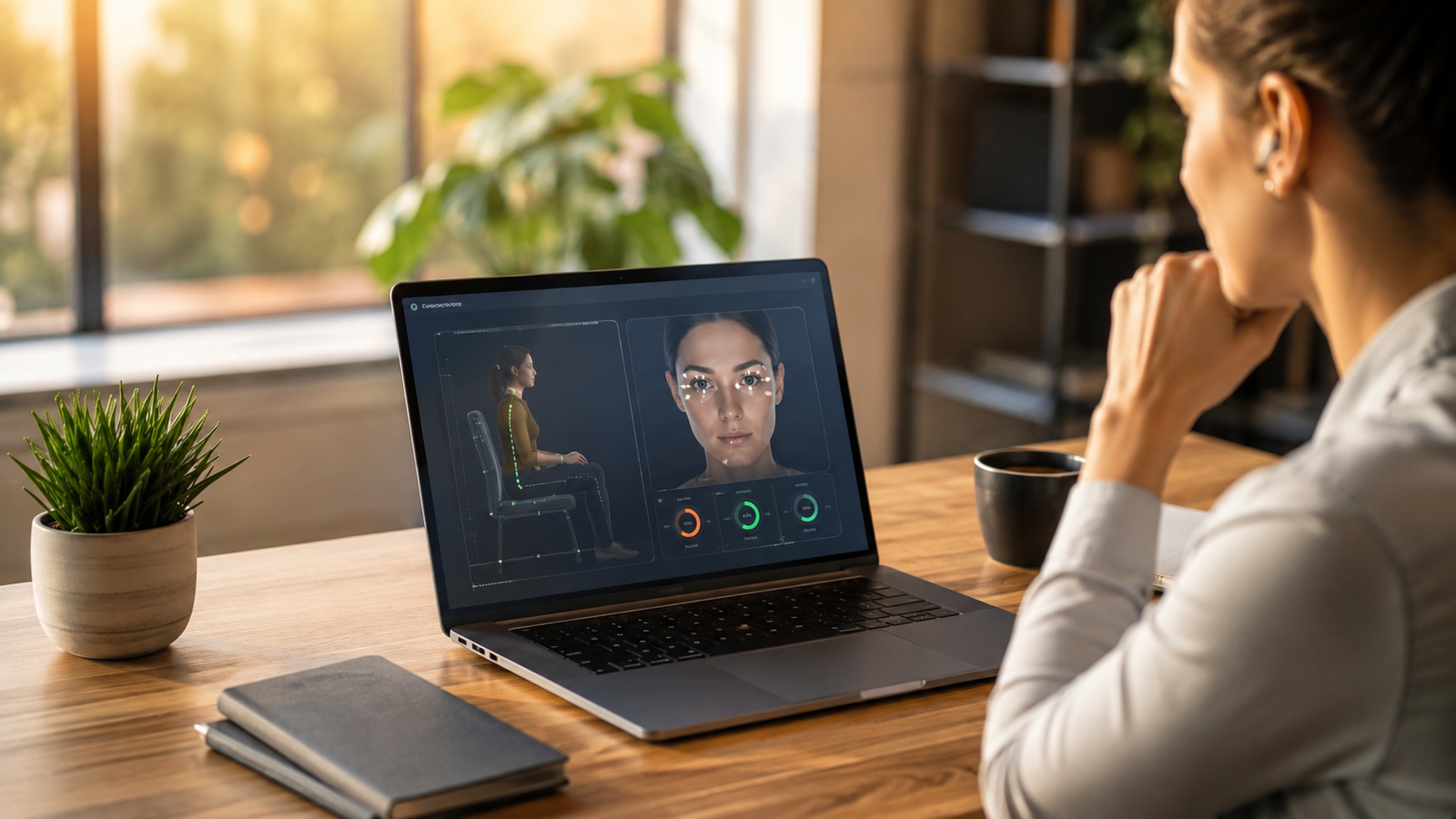 VAIO Wellness Care AI health check app displaying posture and eye strain analytics on 
a laptop screen 